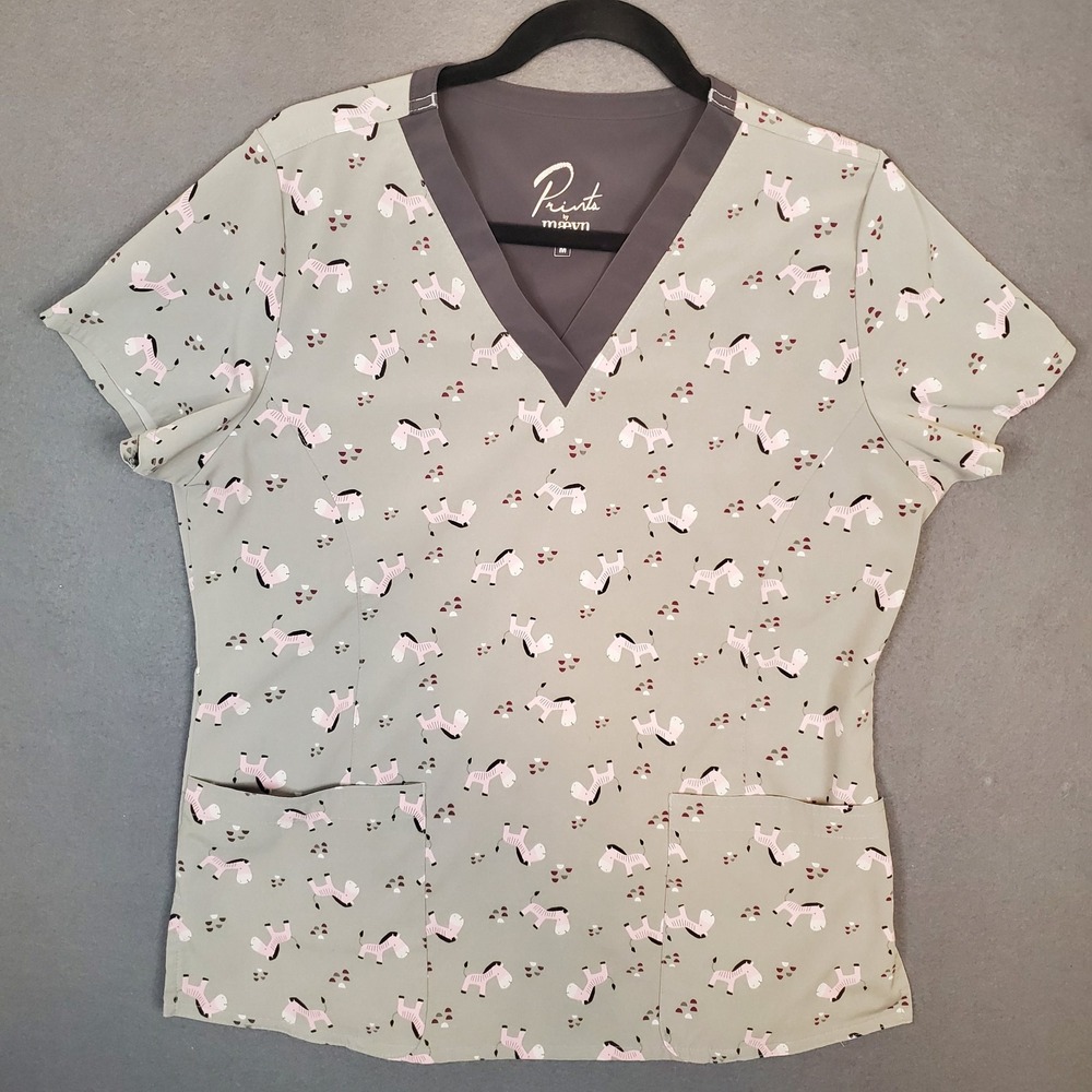 Maevn Women's M Print Scrub Top V Neck Short Sleeve Gray Pink Zebras Lightweight
